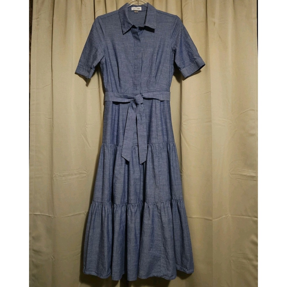 Calvin Klein Collared Chambray Tiered Midi Shirt Dress Women's Size 4